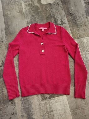 Lilly Pulitzer Lizona 1/4 Gold Button Sweater Pearled Collar Red Pink Size XS